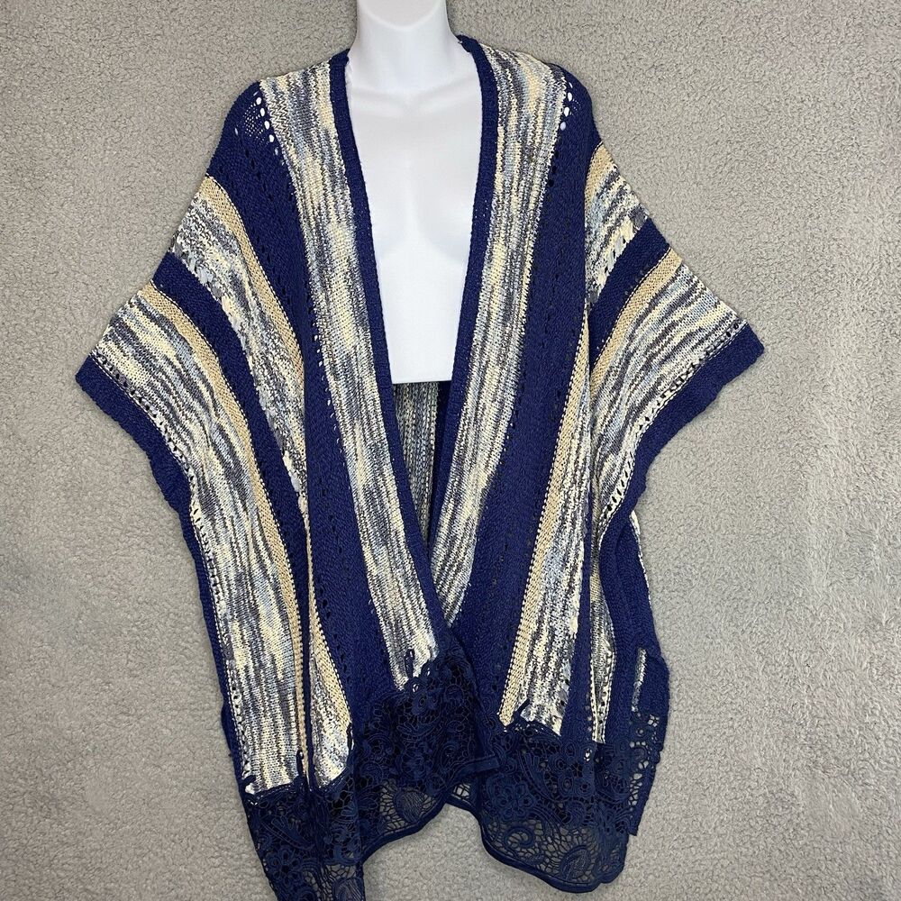 Chico's Cardigan Boho Womens XL Sweater Cape Blue Ribbon Lace Open Heavy Knit